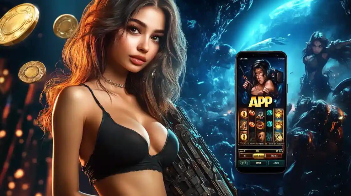 একজন সাহসী নারী 7j777 মোবাইল গেমিং অ্যাপ ব্যবহার করছেন, যা অ্যাকশনভিত্তিক গেমের অনুভূতি প্রকাশ করে।