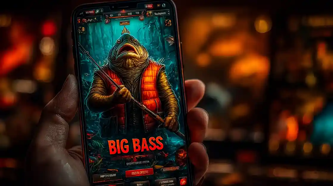 A close-up of a hand holding a smartphone showcasing a BIG BASS fishing game, featuring an anthropomorphic fish character, highlighting the engaging casual games on 7j777.
