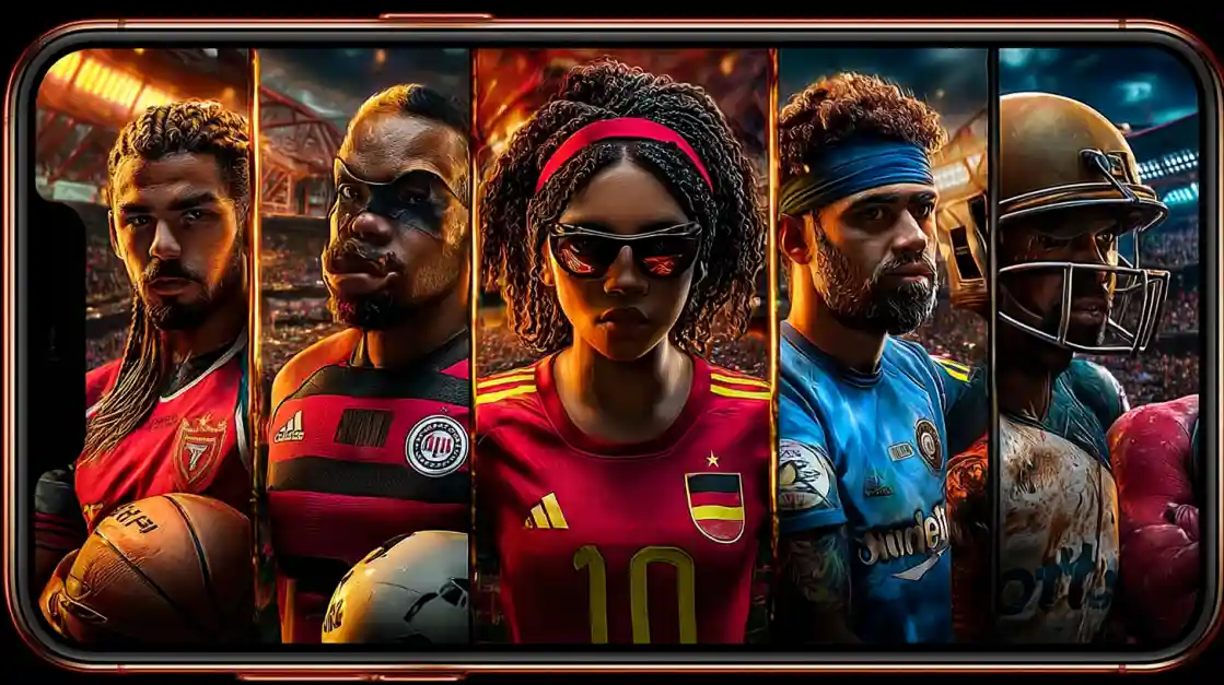 A smartphone screen displays a powerful collage of diverse male and female athletes from various sports, including football and soccer, representing the comprehensive sports betting options at 7j777.
