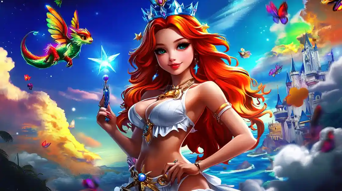 A vibrant fantasy scene featuring a beautiful princess with fiery red hair and a crown, holding a magic wand, with a small winged dragon and a fairytale castle in the background, embodying the magical world of 7j777.