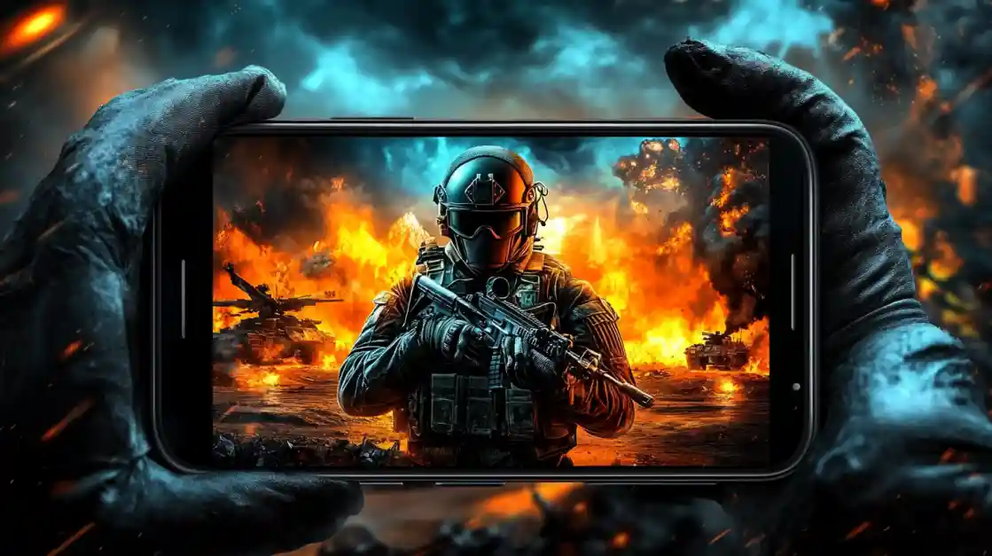 Hands holding a smartphone displaying an intense military shooter game with a soldier amidst explosions and tanks, showcasing the immersive action available on 7j777.