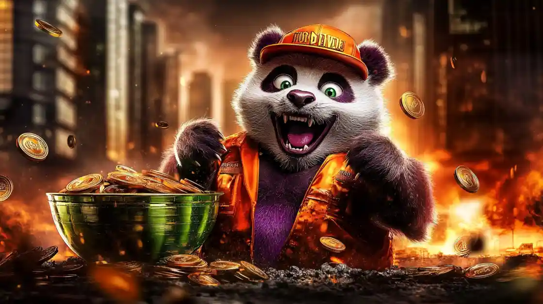 A cheerful panda character wearing an orange cap and jacket, surrounded by golden coins and a bowl of money, symbolizing wealth and good fortune with 7j777.