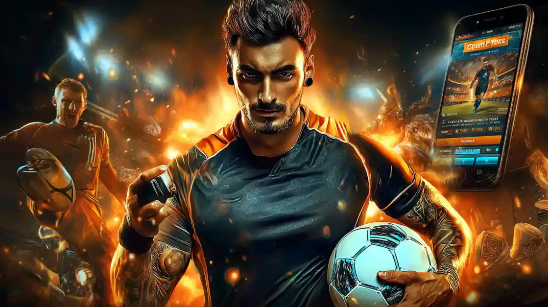 An intense male soccer player with tattoos holds a football, looking confidently at the camera with a 7j777 sports betting app on a phone beside him, all set against a fiery action background.