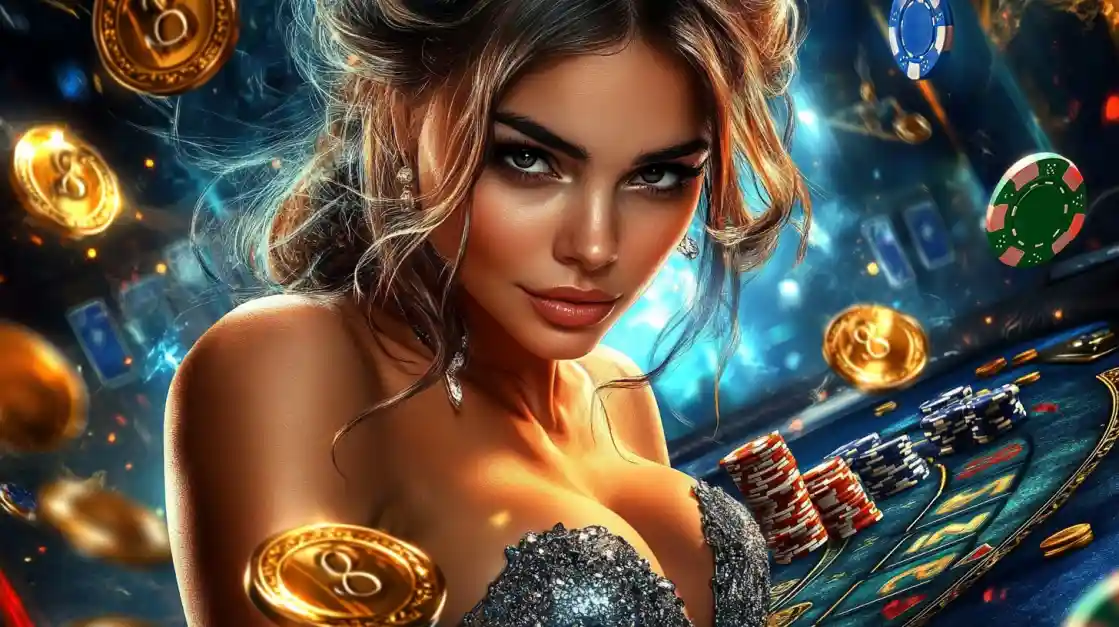 A beautiful woman in a glittering dress gives a captivating look while at a 7j777 casino table, surrounded by floating gold coins, casino chips, and a roulette wheel.