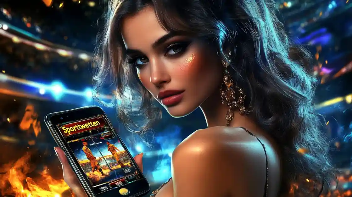 A glamorous woman with elegant makeup looks over her shoulder, holding a smartphone displaying the 7j777 sports betting app against a vibrant stadium backdrop with fire effects.